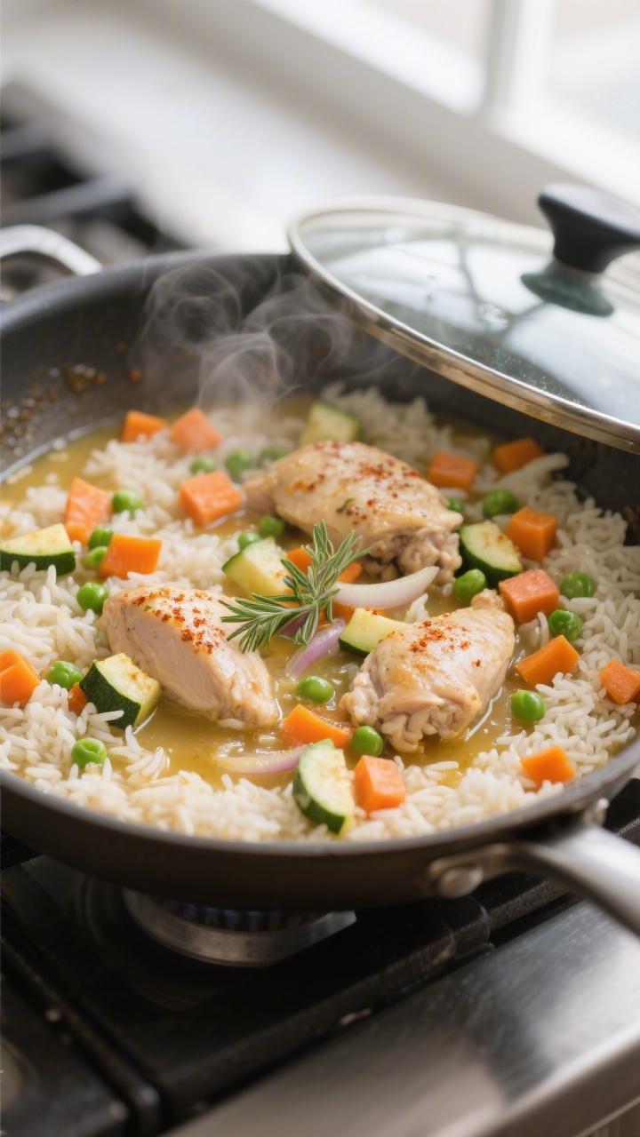 Cooking process close-up: Steam-kissed one-pot chicken and veggie rice mid-simmer in a heavy lidded 