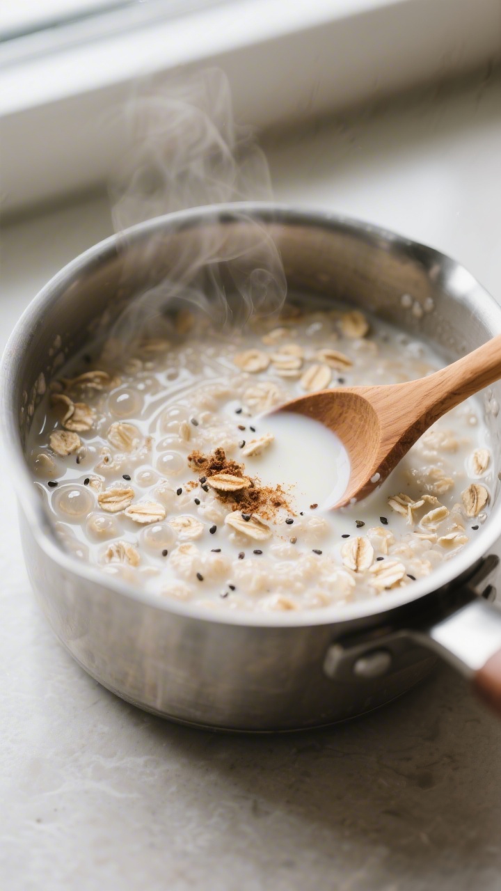 Cooking process close-up: Thick, creamy banana oatmeal simmering in a small stainless saucepan, tiny