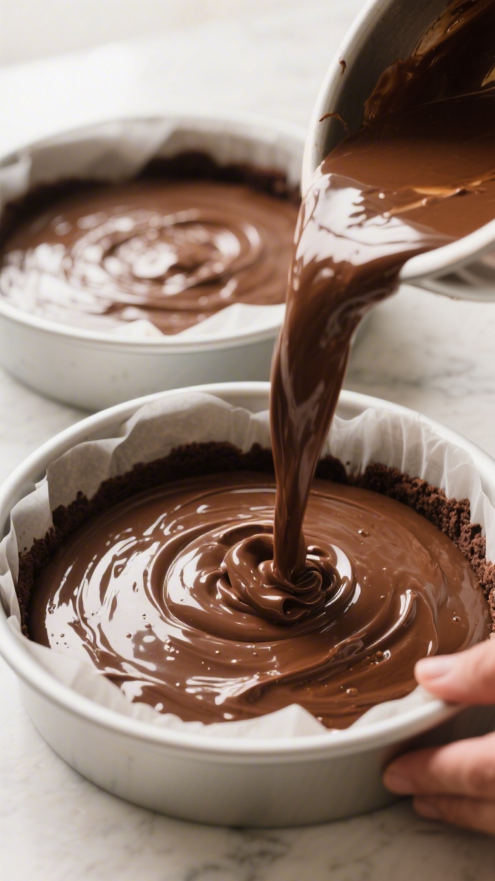 Cooking process — glossy chocolate batter being poured evenly into two parchment-lined 8-inch roun