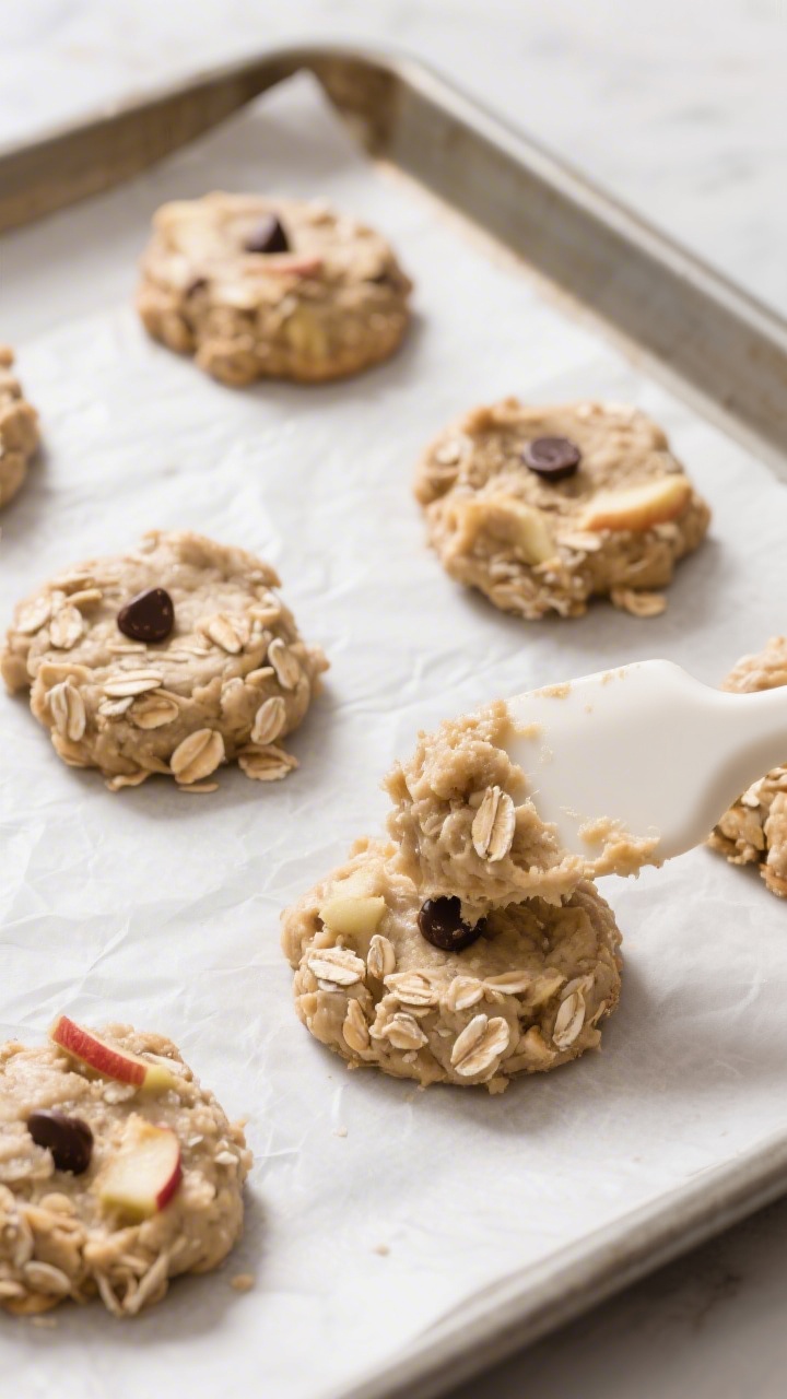Cooking process: Oatmeal apple cookie dough mounds just scooped and gently flattened to 1/2 inch on 