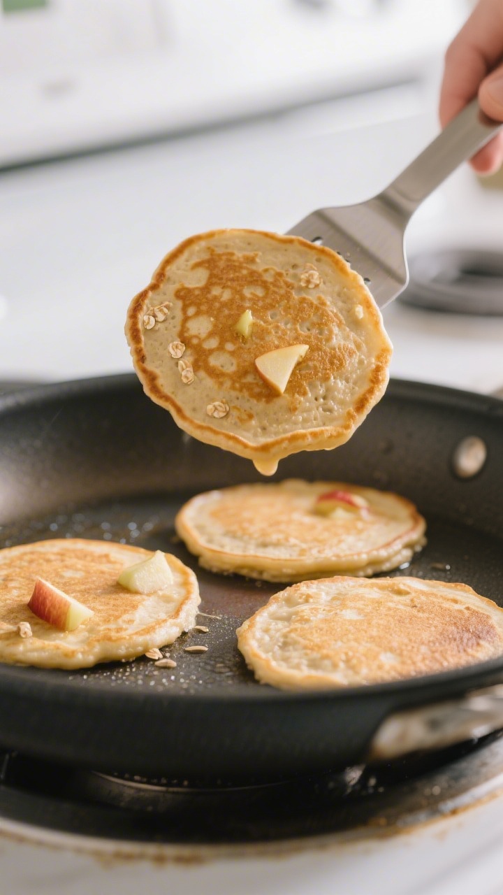Cooking process: Oatmeal apple pancake batter dolloped into neat 3–4 inch rounds on a preheated no
