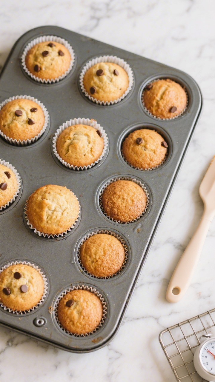 Cooking process: Overhead shot of a 12-cup muffin tin just out of the oven, muffins baked to even go