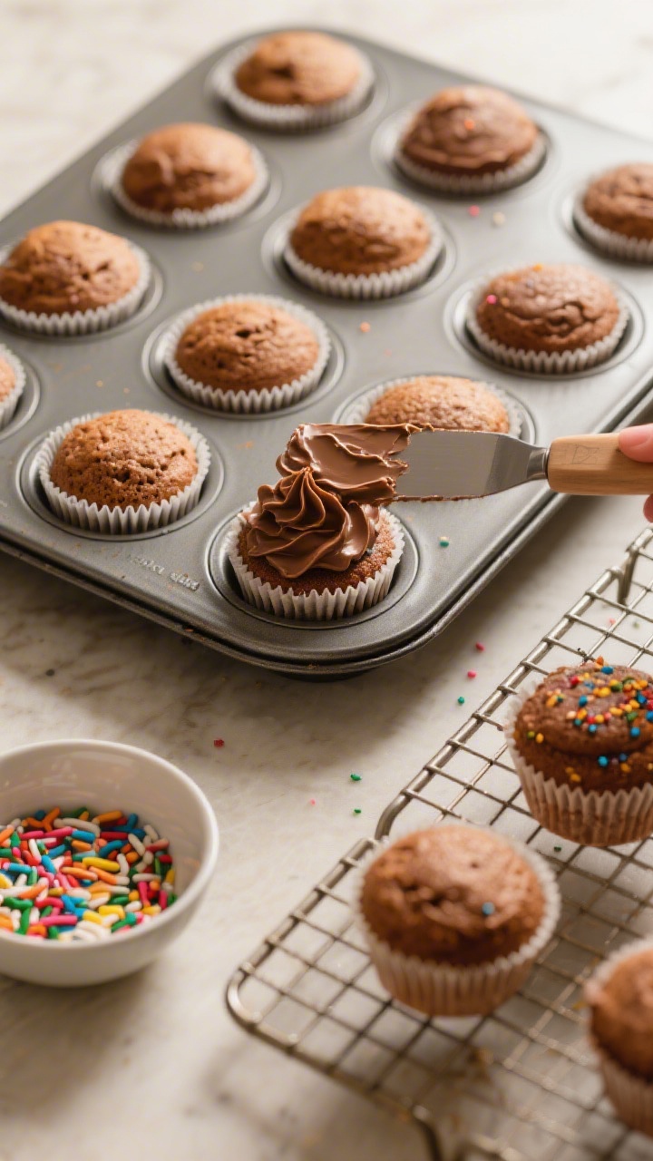 Cooking process: Overhead shot of a 12-cup muffin tin just out of the oven, paper liners filled with