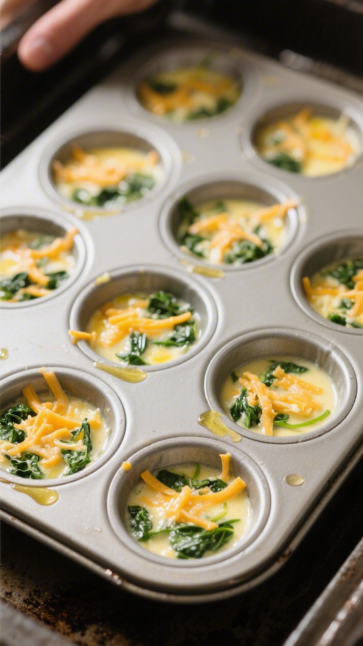 Cooking process: Overhead shot of a greased 12-cup mini muffin tin filled 3/4 full with the whisked