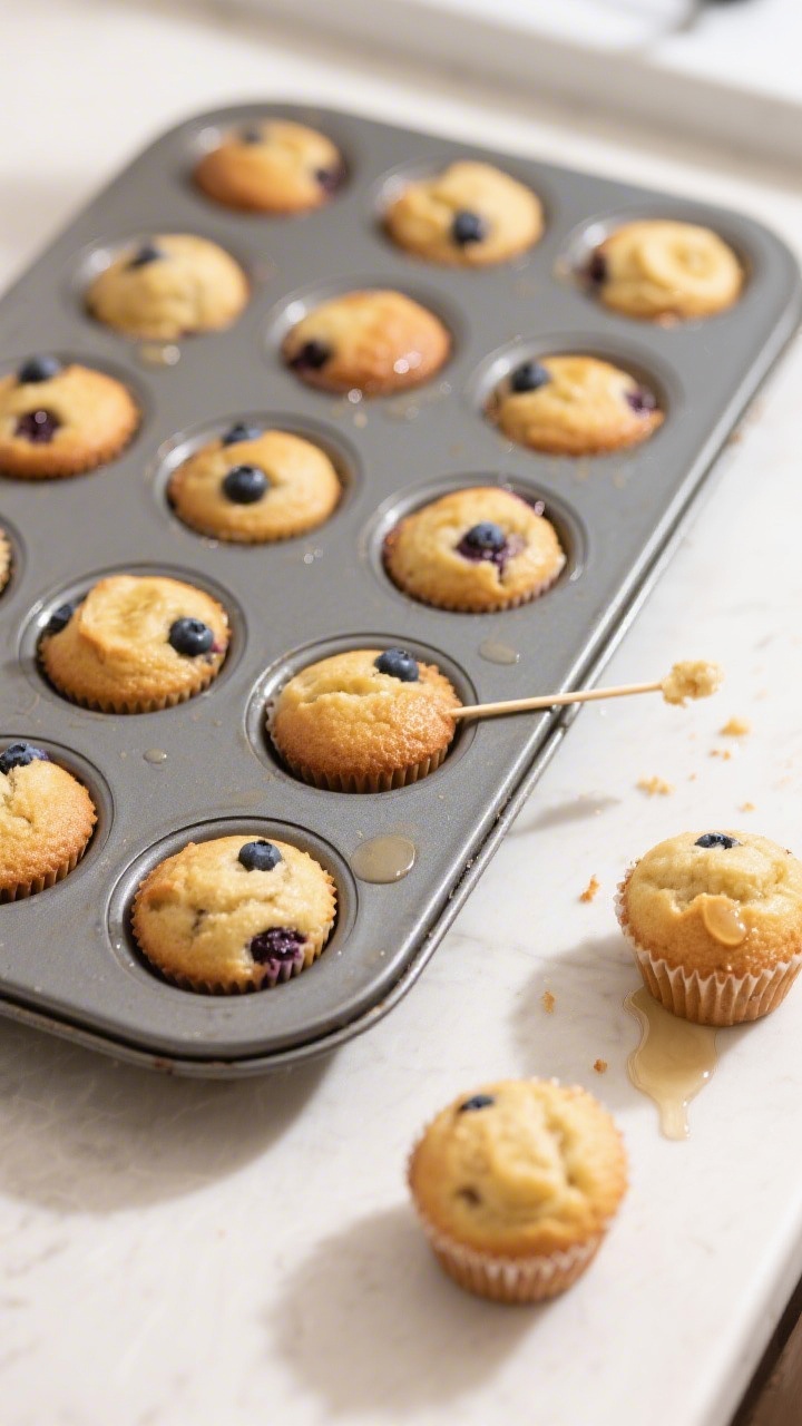 Cooking process: Overhead shot of a greased 24-cup mini muffin tin just out of the oven, each cup ho