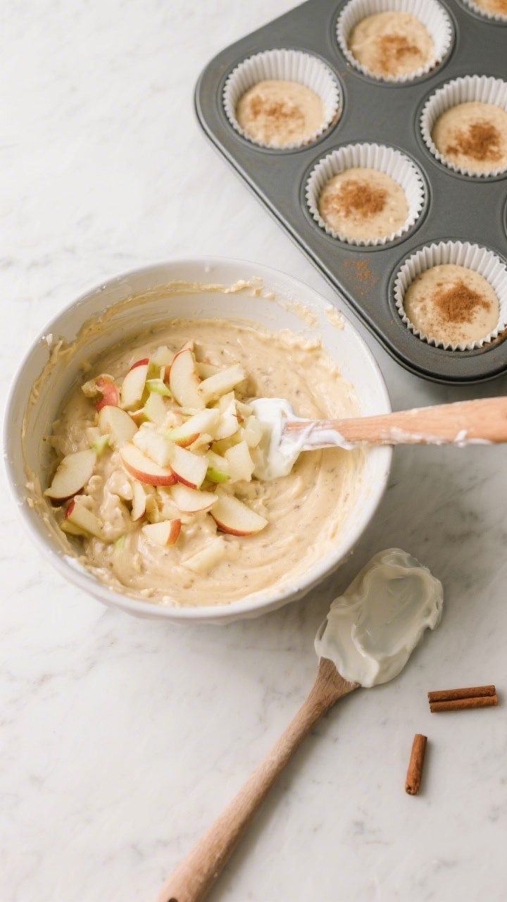 Cooking process: Overhead shot of a mixing bowl showing the “just combined” batter with grated a