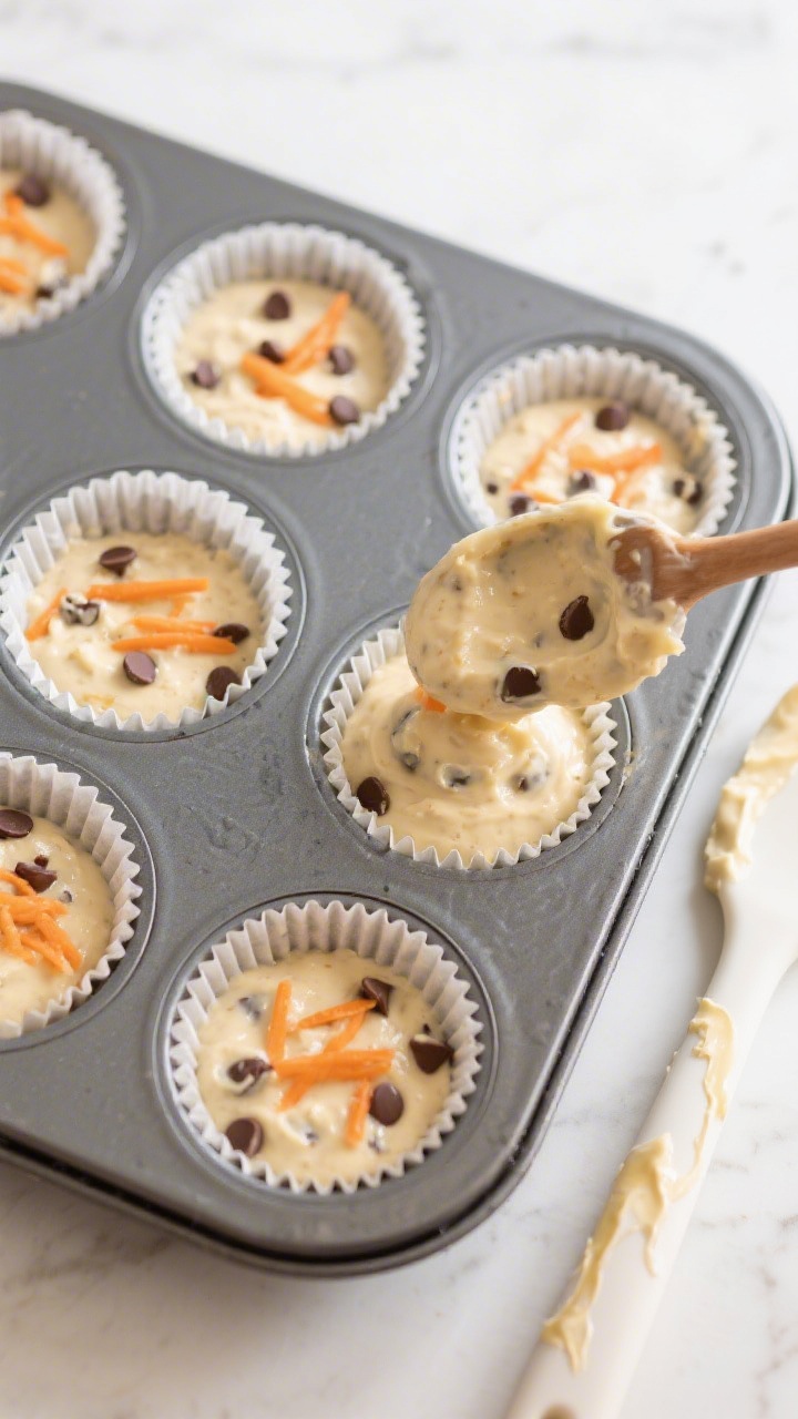Cooking process: Overhead shot of a muffin tin being filled 3/4 full with banana-yogurt batter studd