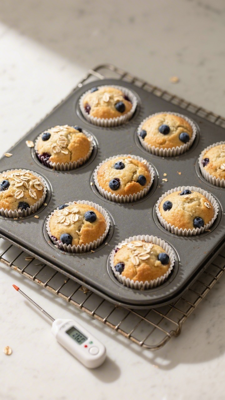 Cooking process: Overhead shot of a muffin tin just out of the oven, 12 domed blueberry yogurt muffi