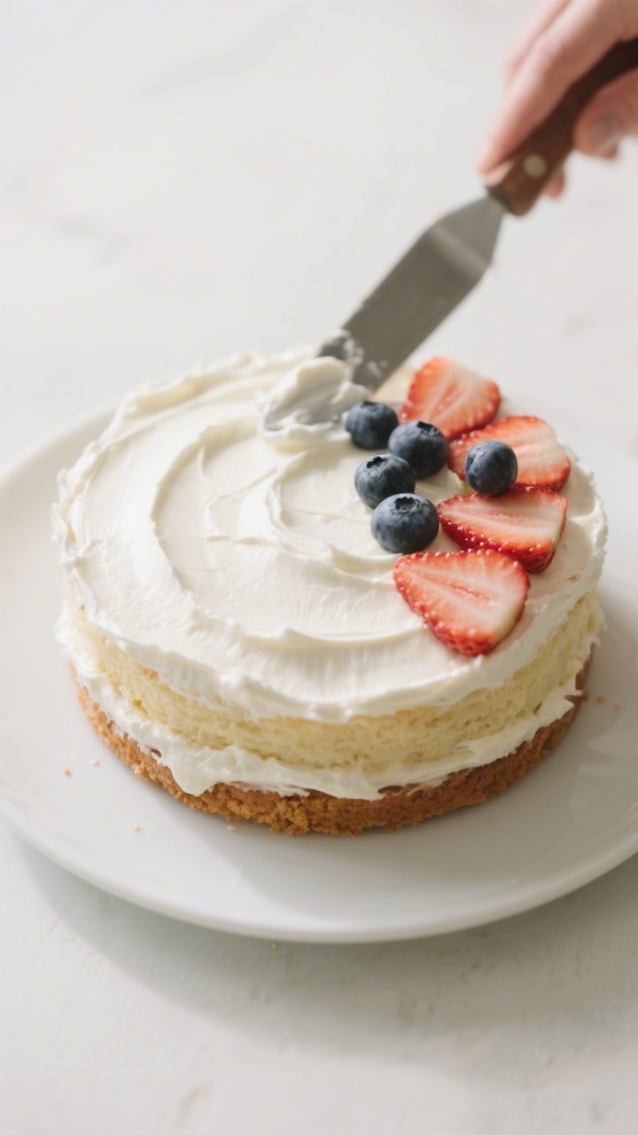 Cooking process: Overhead shot of assembling the cake—first layer on a simple white plate, a thin,