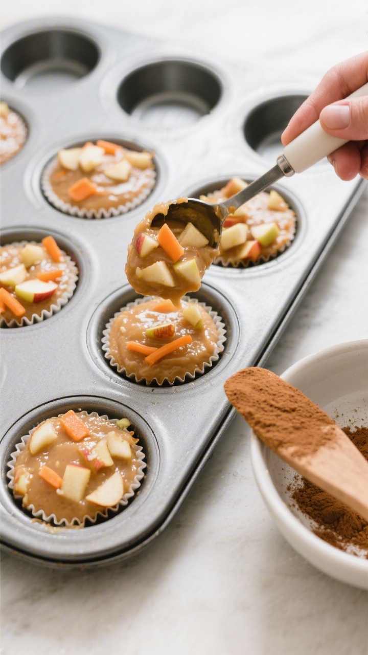 Cooking process: Overhead shot of batter being portioned into a greased mini muffin pan with a small