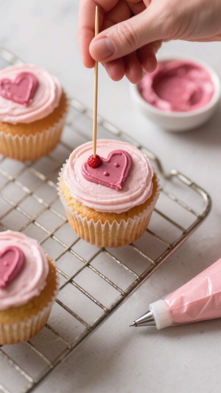 Cooking process: Overhead shot of cooled cupcakes on a wire rack being decorated with the heart desi