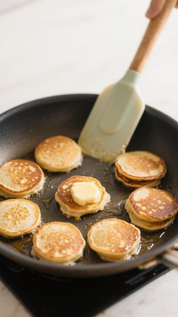 Cooking process: Overhead shot of mini banana oat pancakes sizzling on a nonstick skillet over mediu