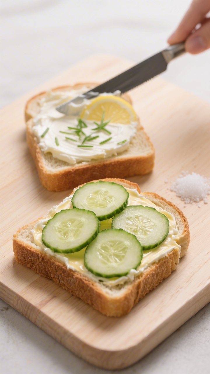 Cooking process: Overhead shot of sandwich assembly on a light wooden board—two soft bread slices 
