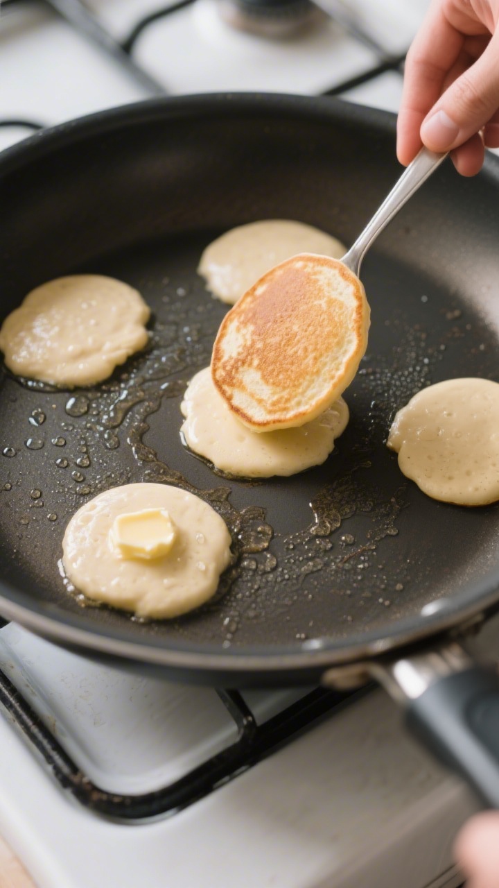 Cooking process: Overhead shot of small 2–3 tablespoon scoops of thick, spoonable batter spread to