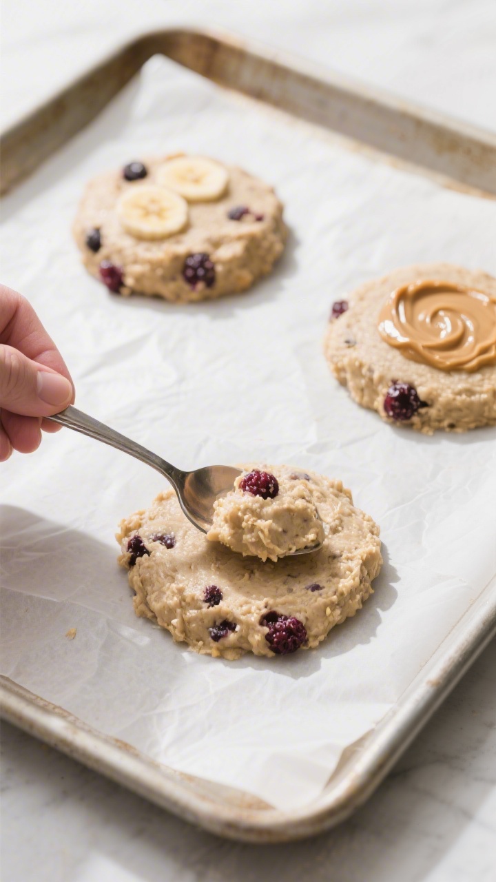 Cooking process: Overhead shot of tablespoon-sized mounds of banana-oat batter being gently pressed