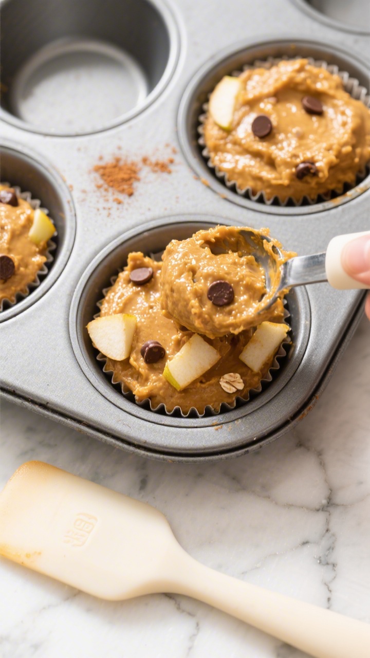 Cooking process: Overhead shot of thick, scoopable pumpkin-oat batter being portioned into a greased