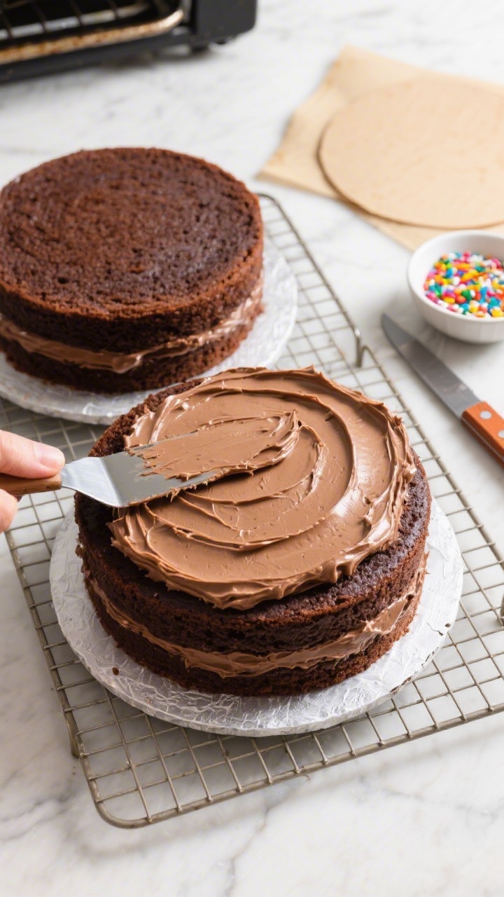 Cooking process: Overhead shot of two cooled 8-inch chocolate cake layers on a wire rack being frost
