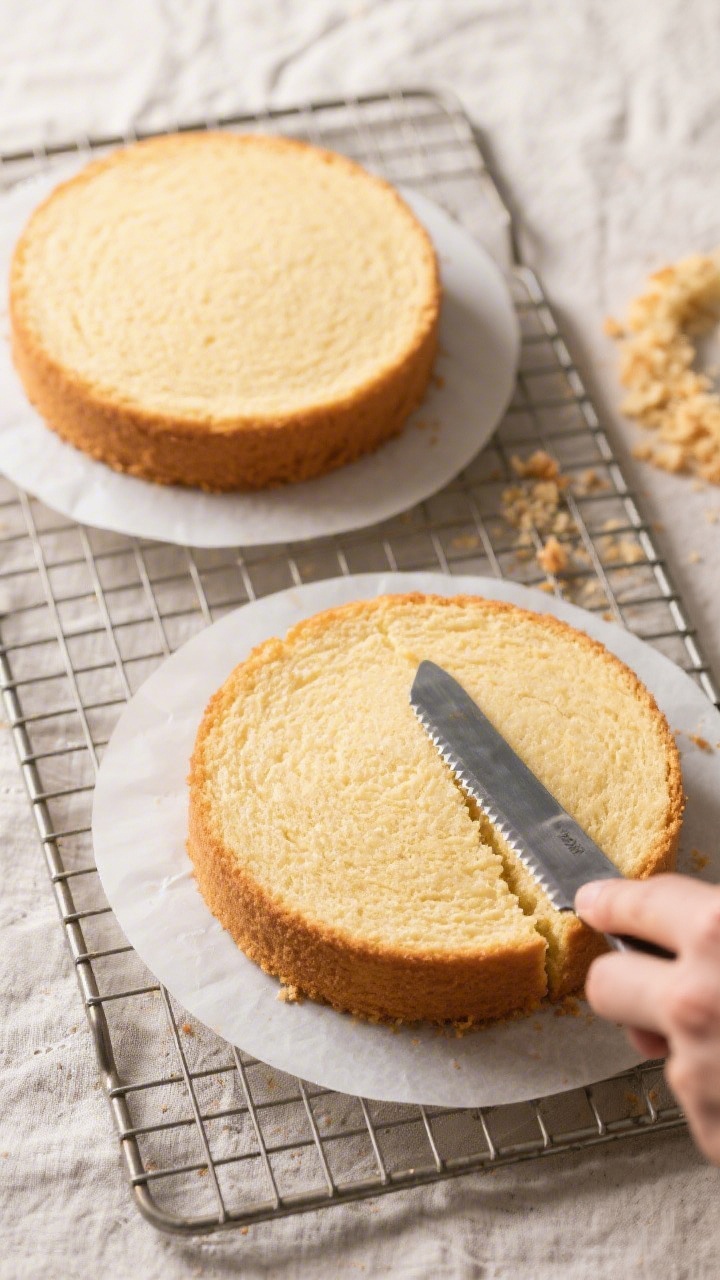 Cooking process: Overhead shot of two freshly baked 8-inch vanilla cake layers cooling on a wire rac