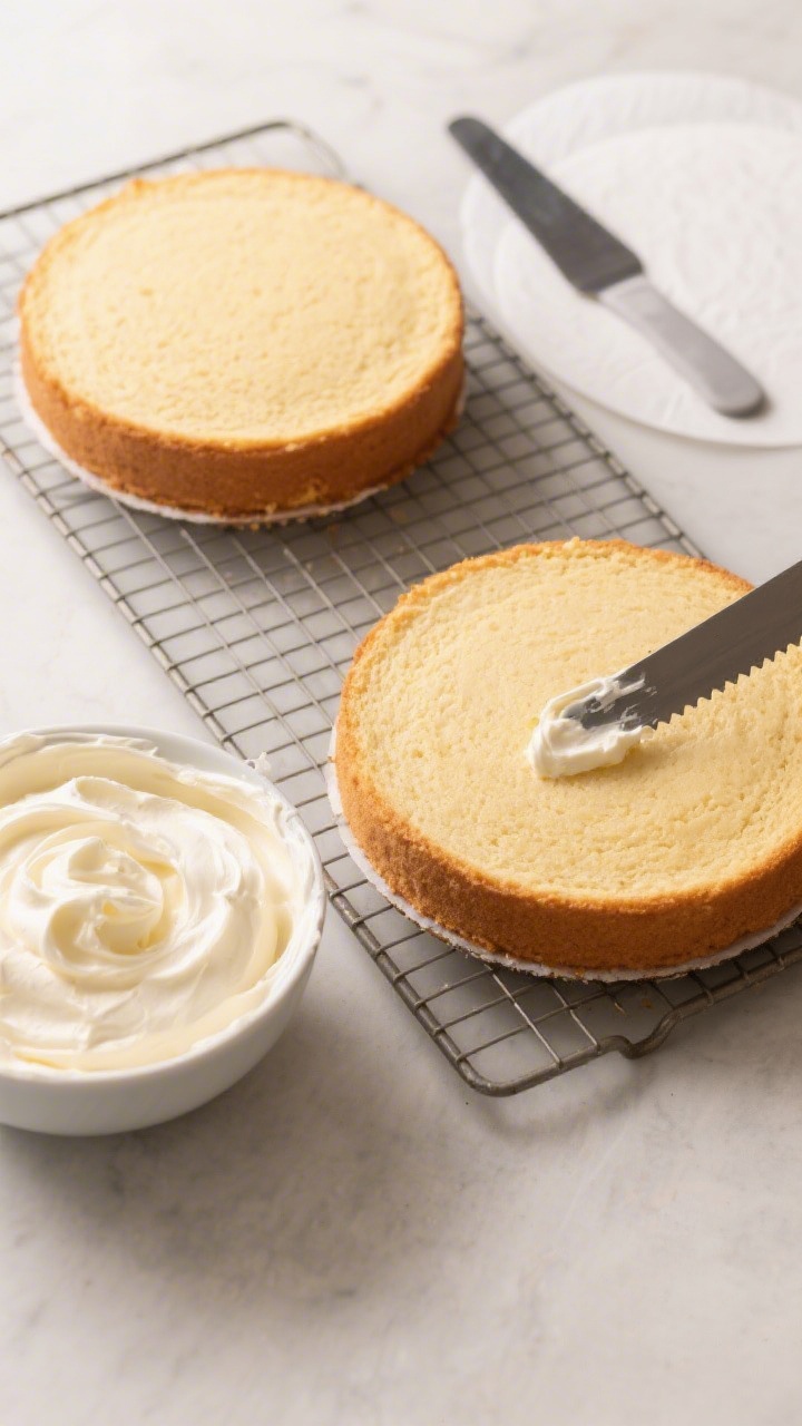 Cooking process: Overhead shot of two fully baked 8-inch cake layers cooling on wire racks next to a