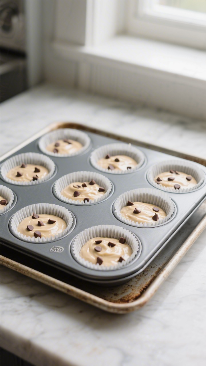 Cooking process shot: portioned batter in a 12-cup muffin tin, each cup filled about 3/4 full and st