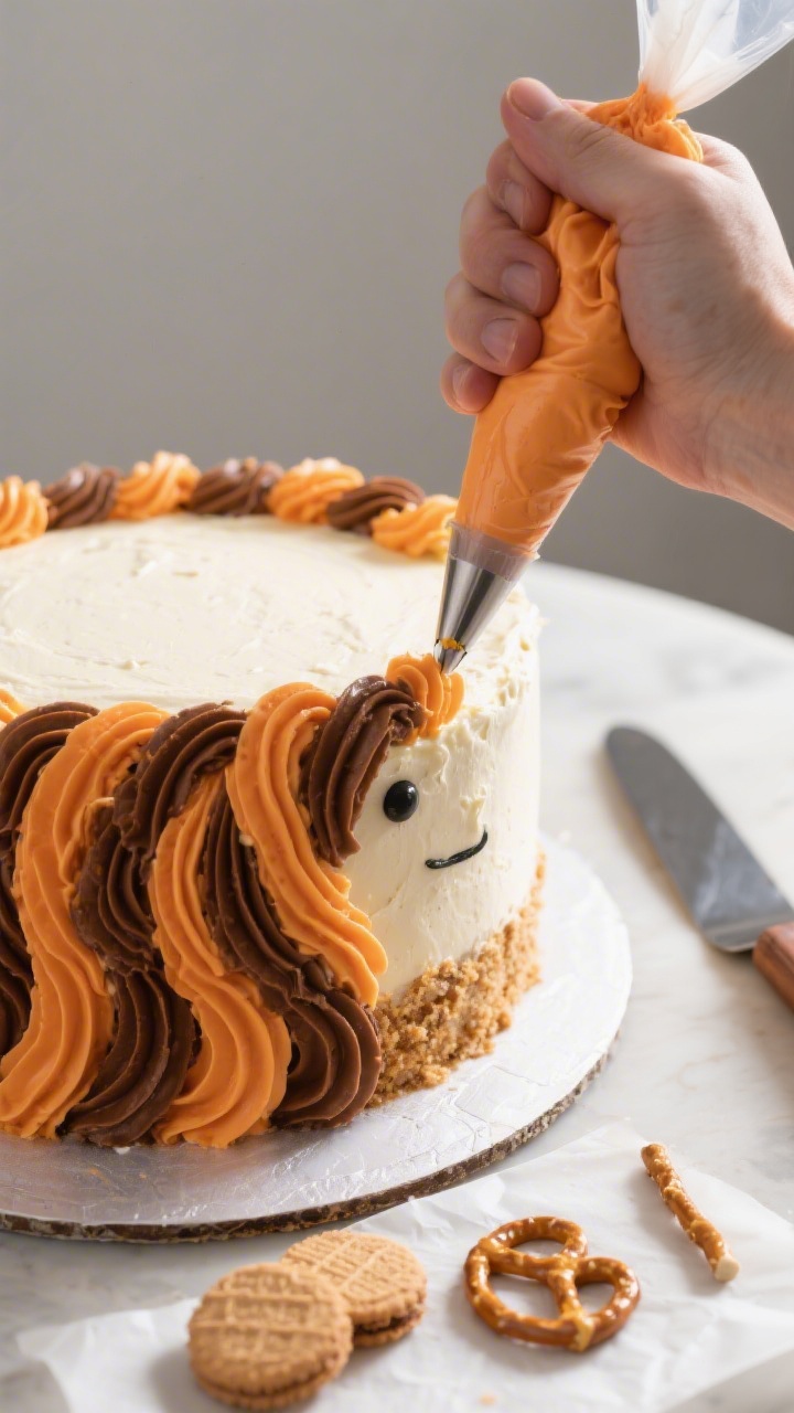 Cooking process shot: the mane being built around the chilled cake’s edge—piping bag with open s