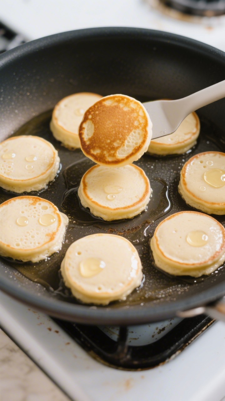 Cooking process: Small rounds of batter cooking on a nonstick skillet over medium-low heat, overhead