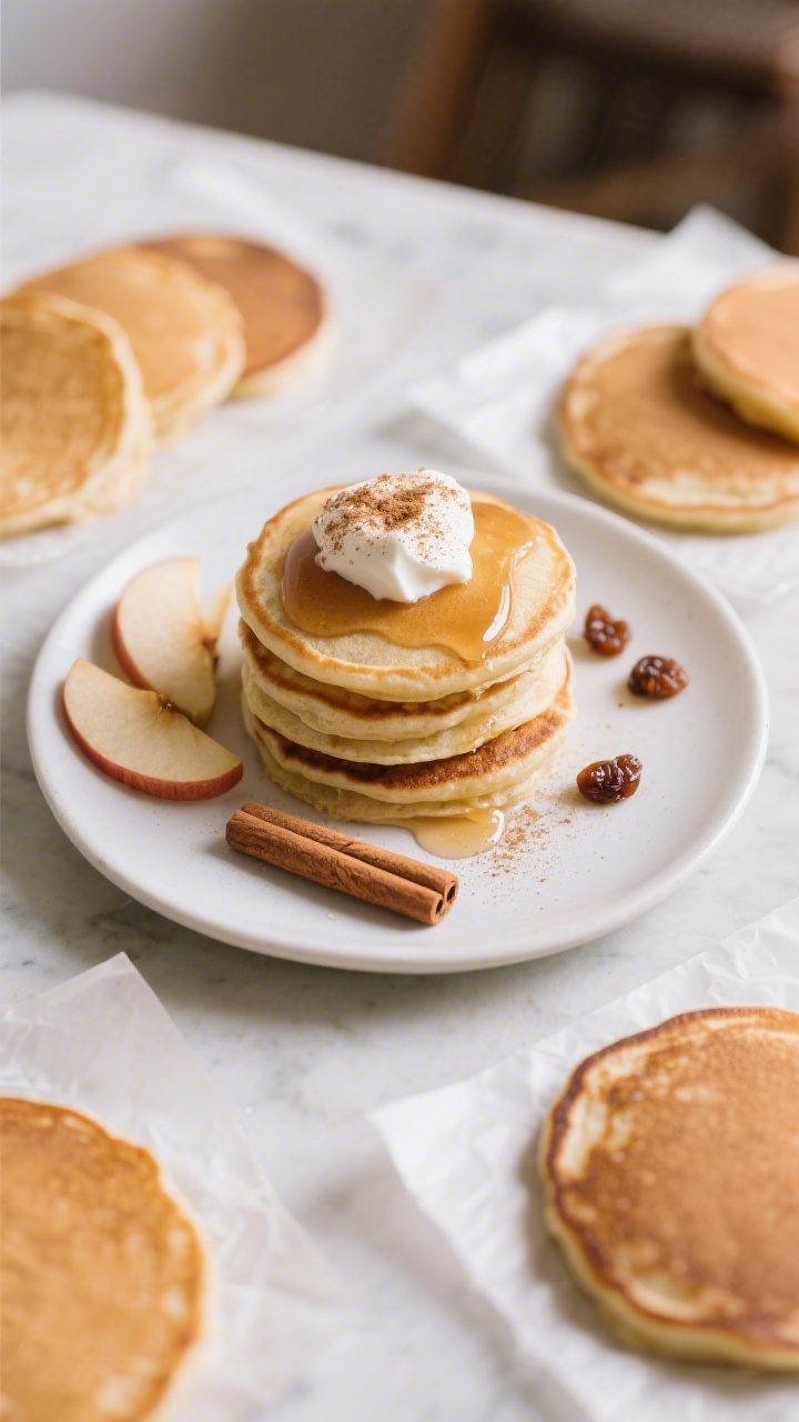Final dish, overhead: Beautifully plated stack of soft apple cinnamon pancakes on a matte white plat