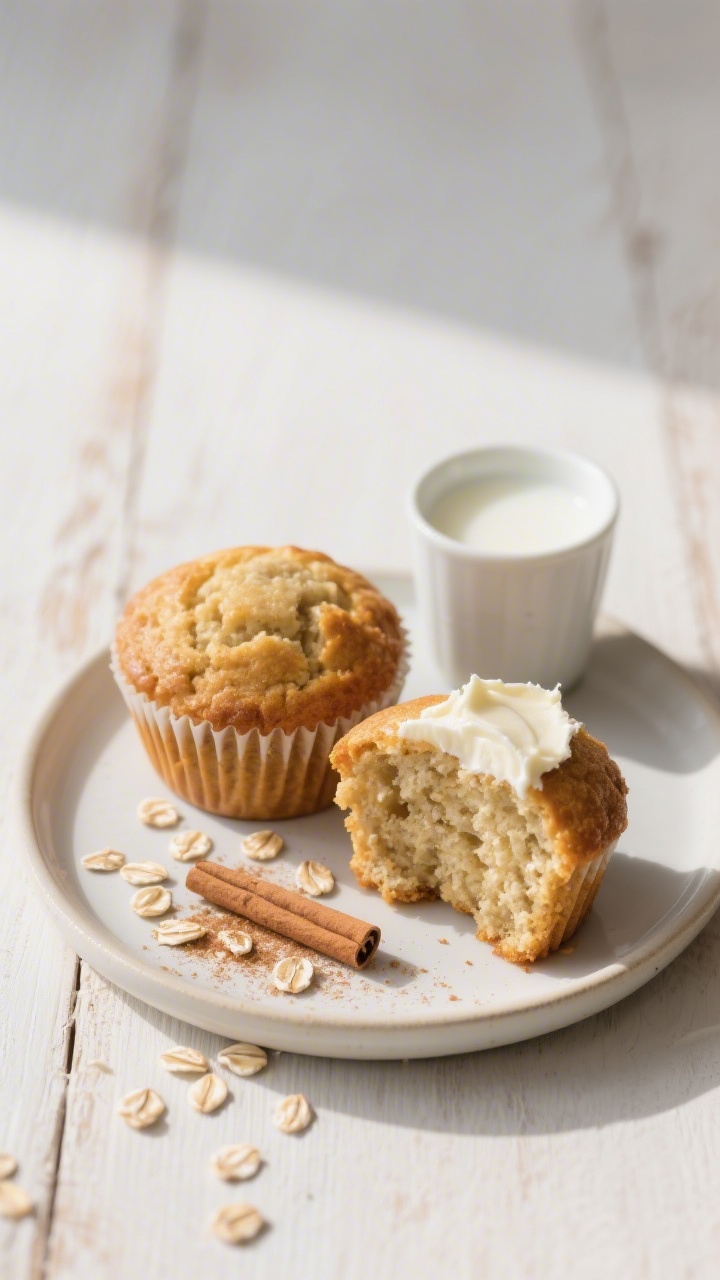Final dish presentation: A small plate with two banana oat muffins, one whole and one sliced in half