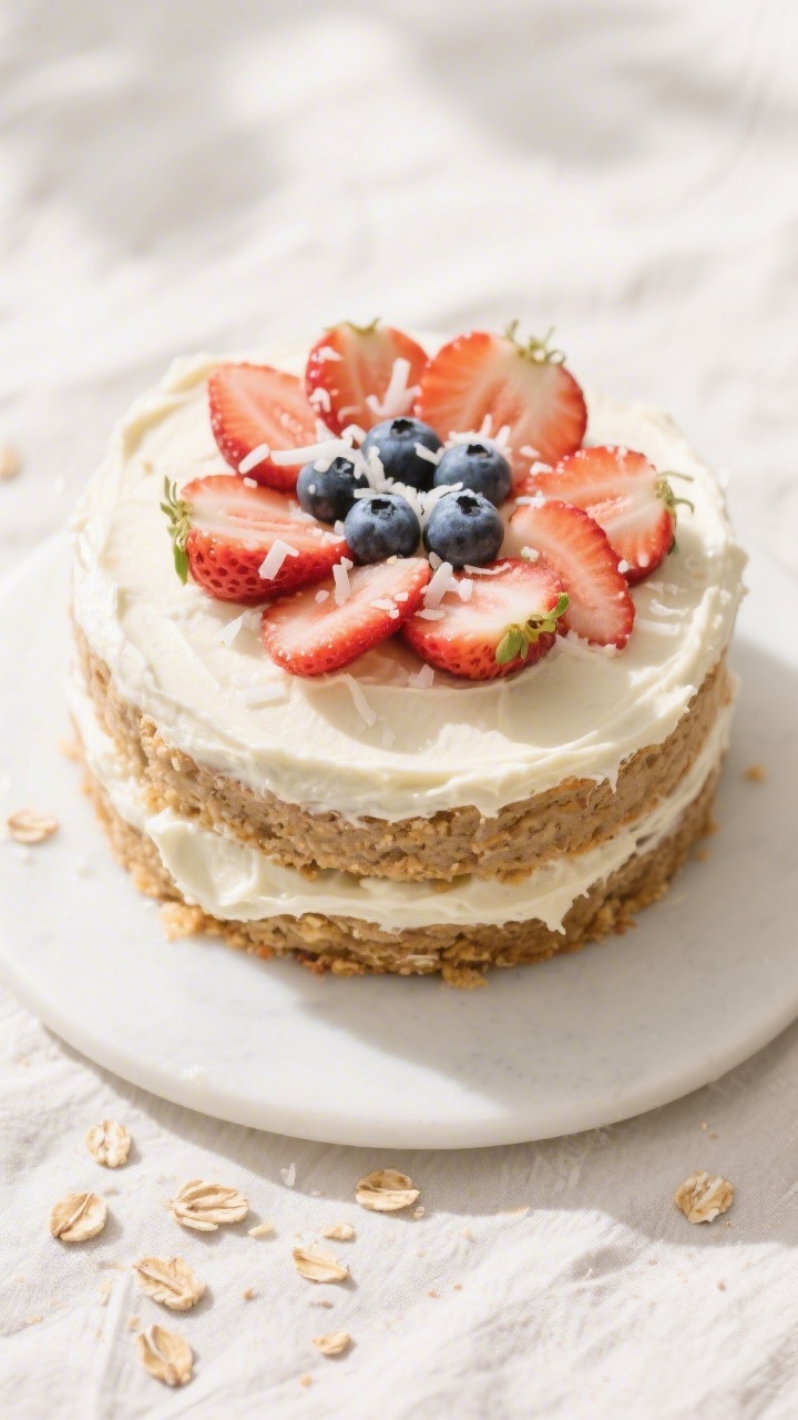 Final dish presentation: Beautifully frosted two-layer Healthy Banana Oat Smash Cake with a light, s