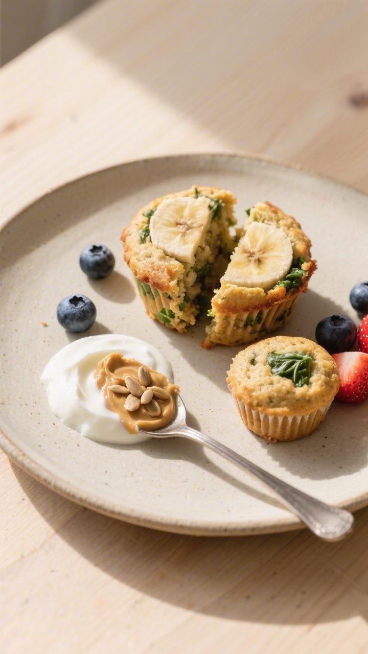 Final dish presentation: Beautifully plated banana spinach muffins halved for toddlers, served on a