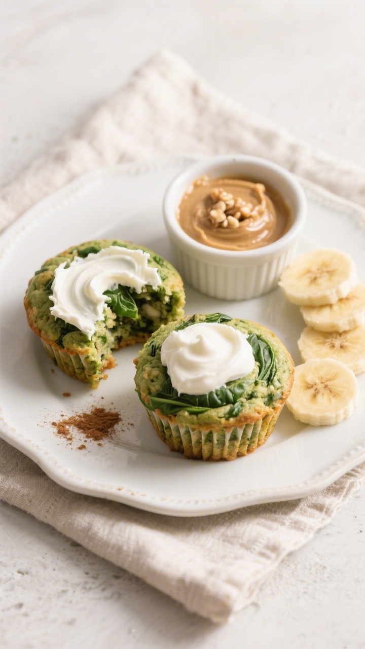 Final dish presentation: Beautifully plated banana spinach muffins on a white ceramic plate, one muf