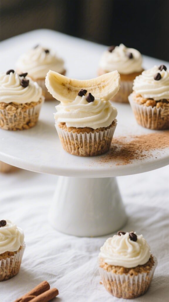 Final dish presentation: Beautifully plated banana oat cupcakes with piped yogurt frosting, garnishe