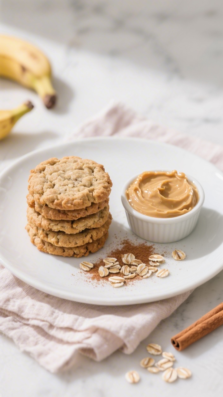 Final dish presentation: Beautifully plated banana oat no-sugar cookies stacked on a white ceramic p