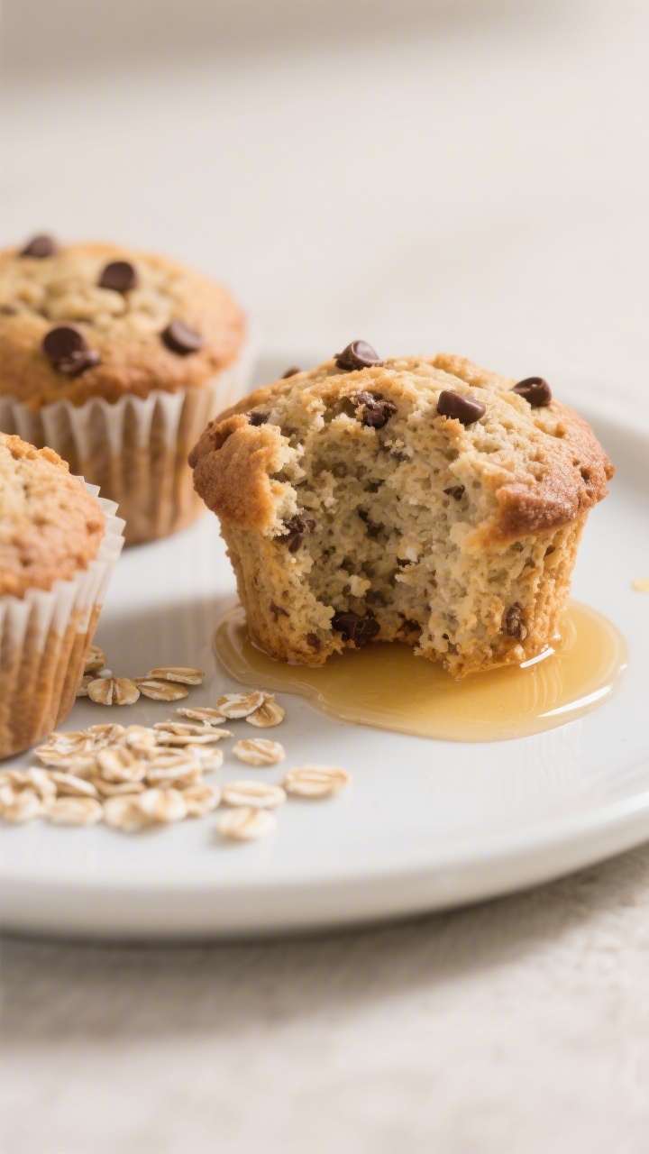 Final dish presentation: Beautifully plated banana oat muffins with honey on a matte white plate, on