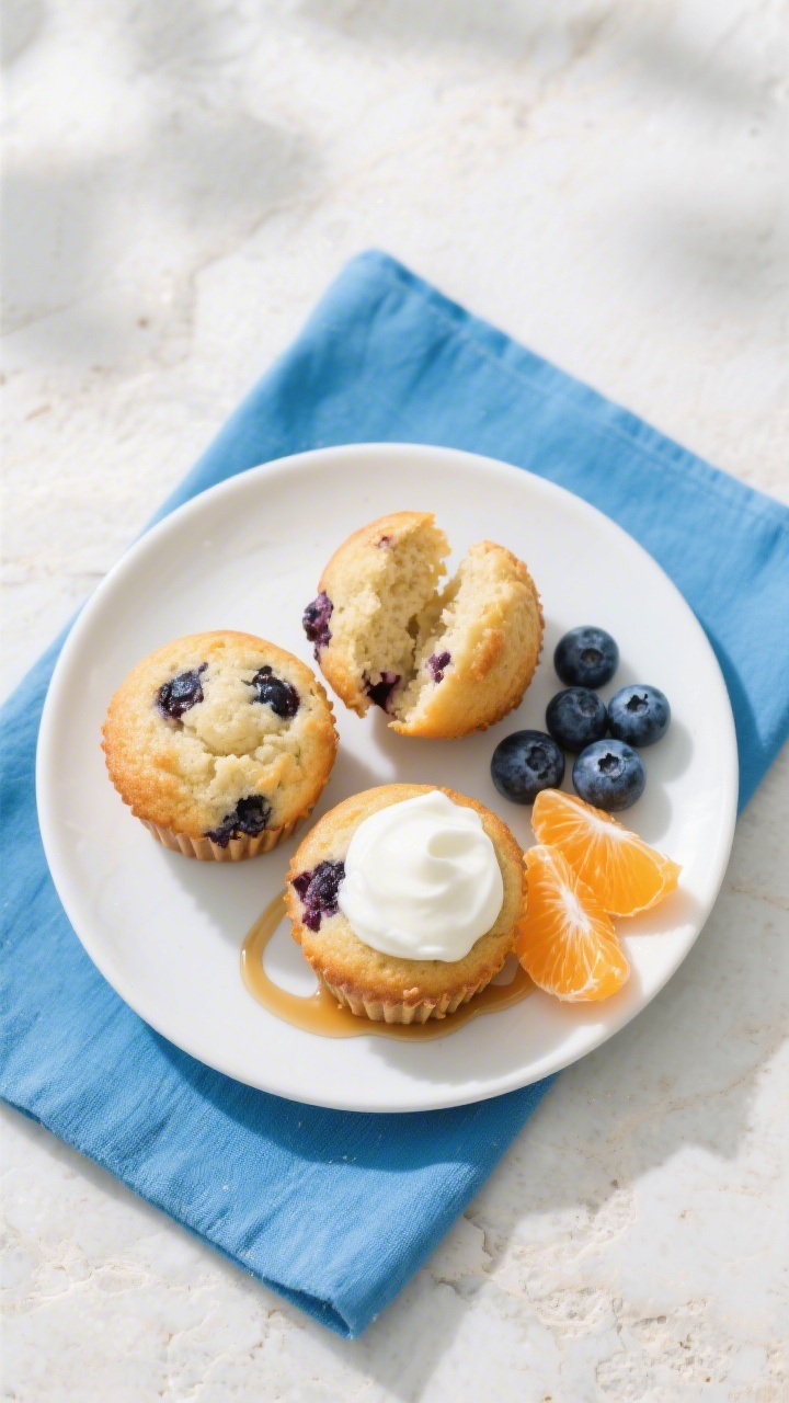 Final dish presentation: Beautifully plated blueberry yogurt muffins for toddlers—three mini muffi