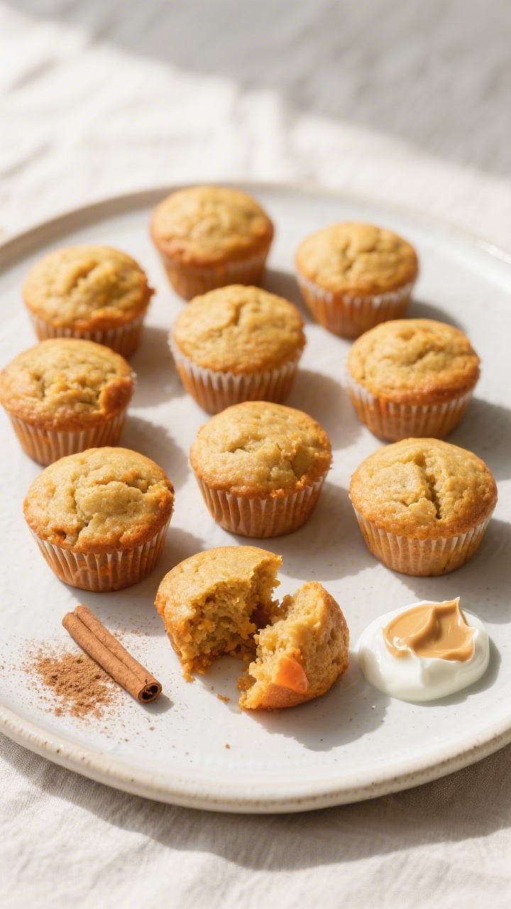Final dish presentation: Beautifully plated mini carrot applesauce muffins arranged in a neat grid o