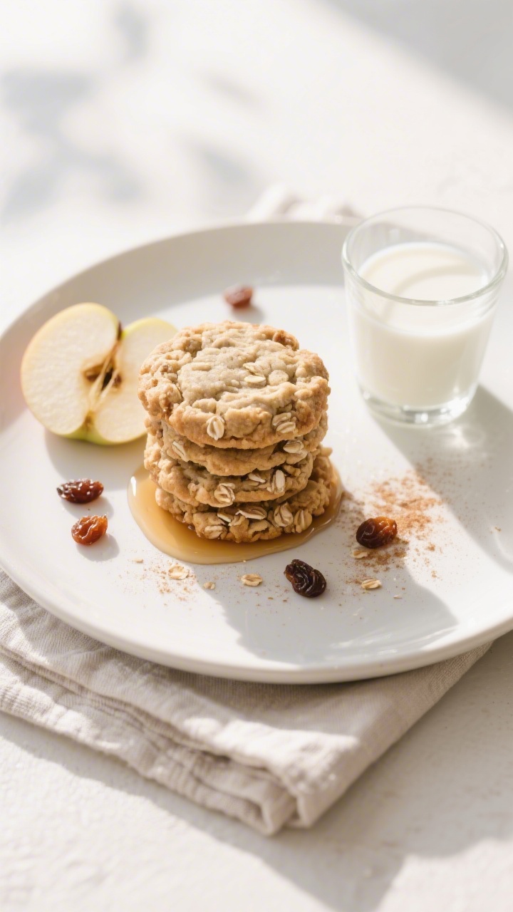 Final dish presentation: Beautifully plated oatmeal apple cookies stacked on a matte white plate wit