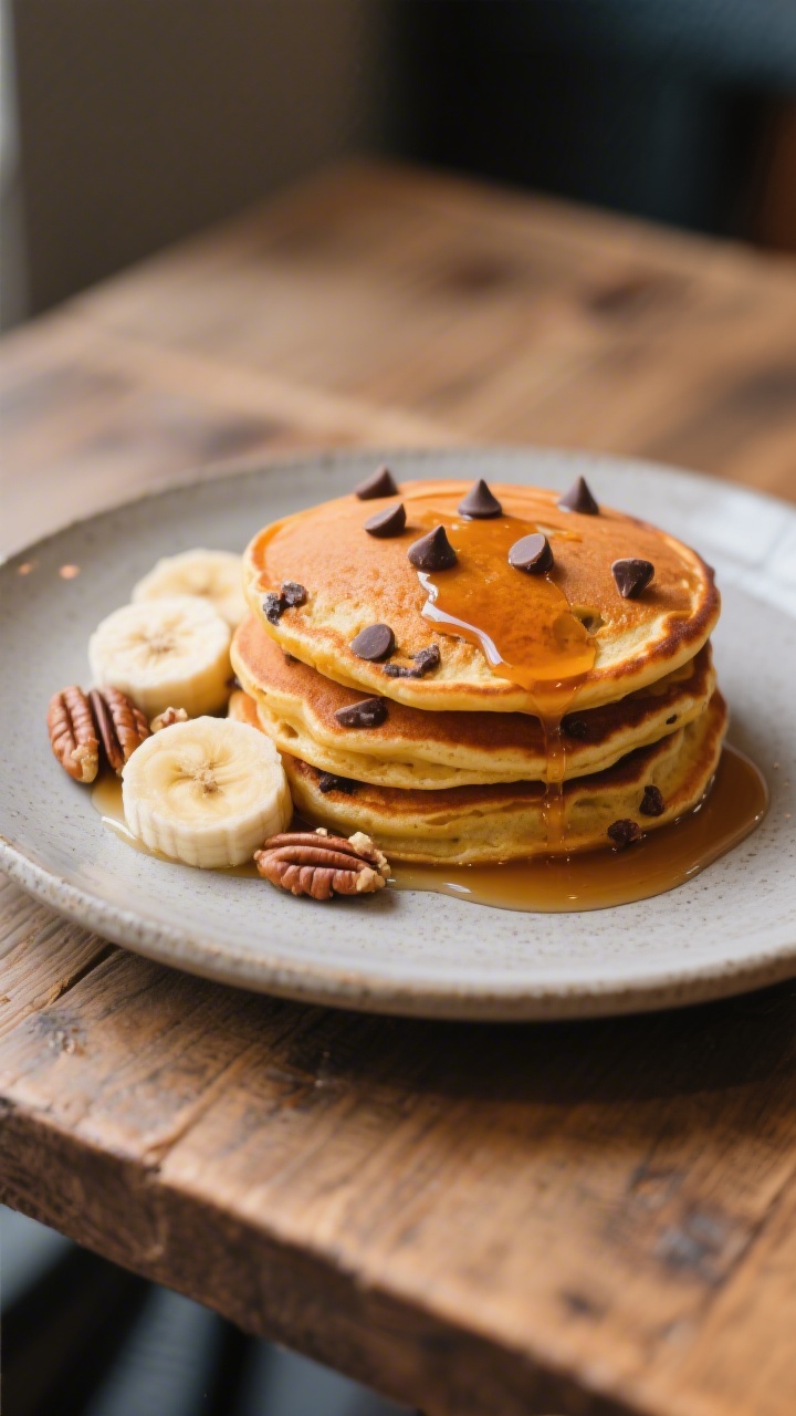 Final dish presentation: Beautifully plated pumpkin spice pancakes with optional mix-ins—mini choc