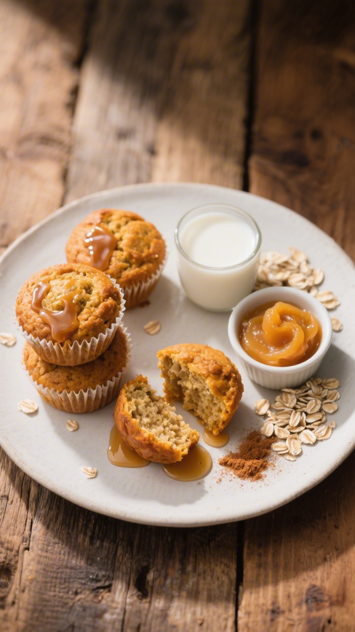 Final dish presentation: Beautifully plated pumpkin oat muffins arranged on a matte white plate, a f