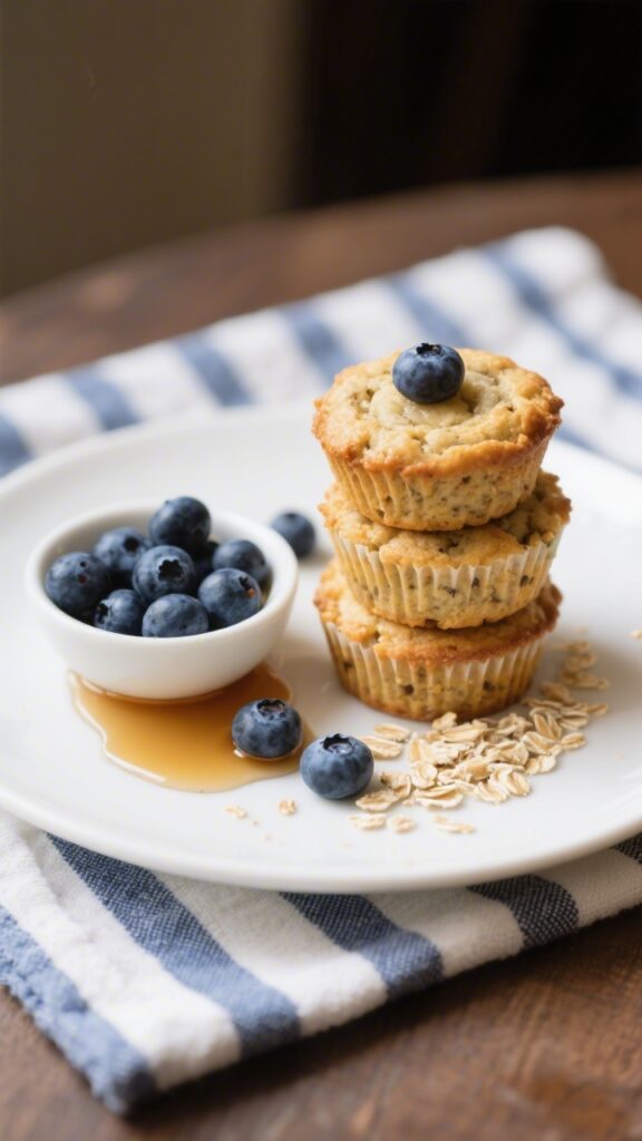 Final dish presentation: Beautifully plated stack of banana blueberry mini muffins on a simple white