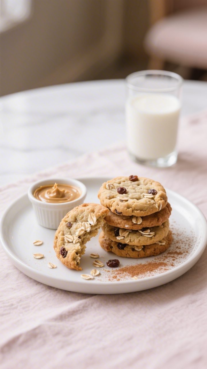 Final dish presentation: Beautifully plated stack of soft banana oat cookies on a small white cerami
