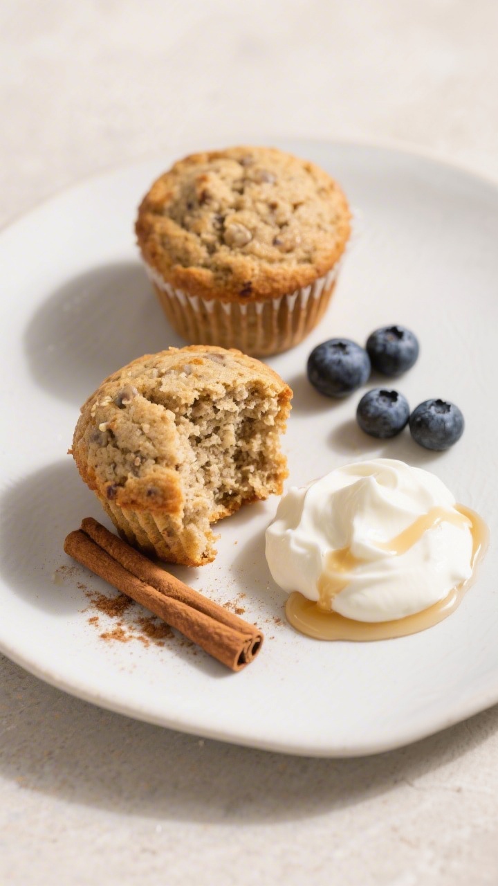 Final dish presentation: Beautifully plated standard-sized banana yogurt muffins on a matte white pl