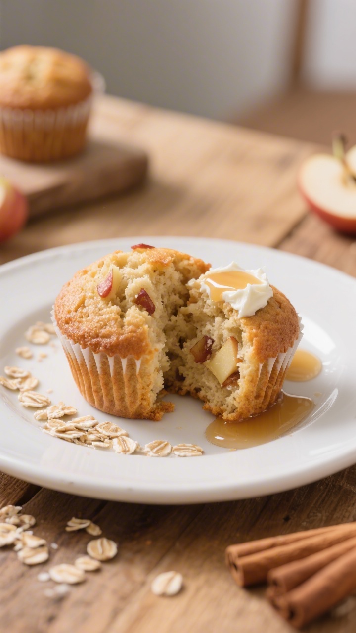 Final dish presentation: Beautifully plated standard-size apple cinnamon muffins on a white ceramic