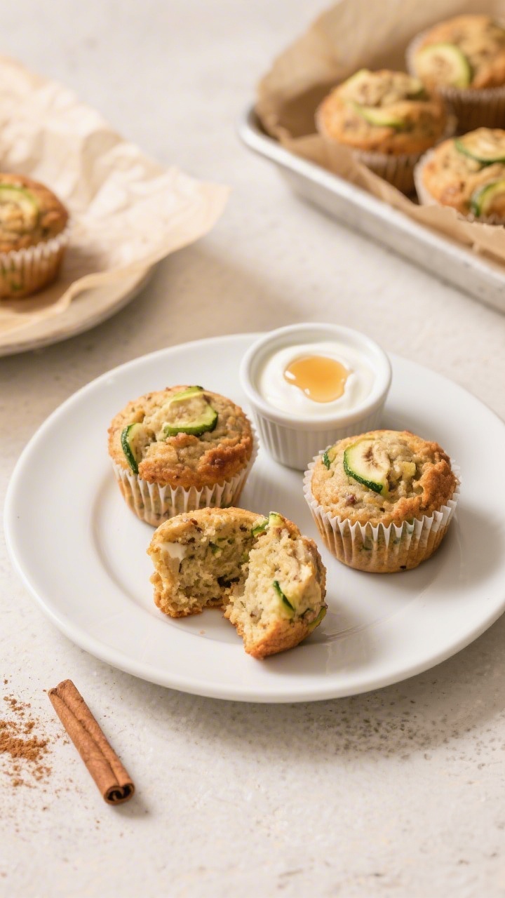 Final dish presentation: Restaurant-quality plated toddler-friendly serving—three mini zucchini ba