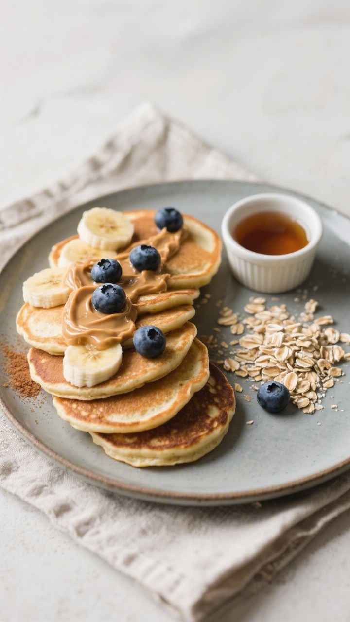 Final dish presentation: Restaurant-quality plating of banana oat pancakes in a neat fan on a matte