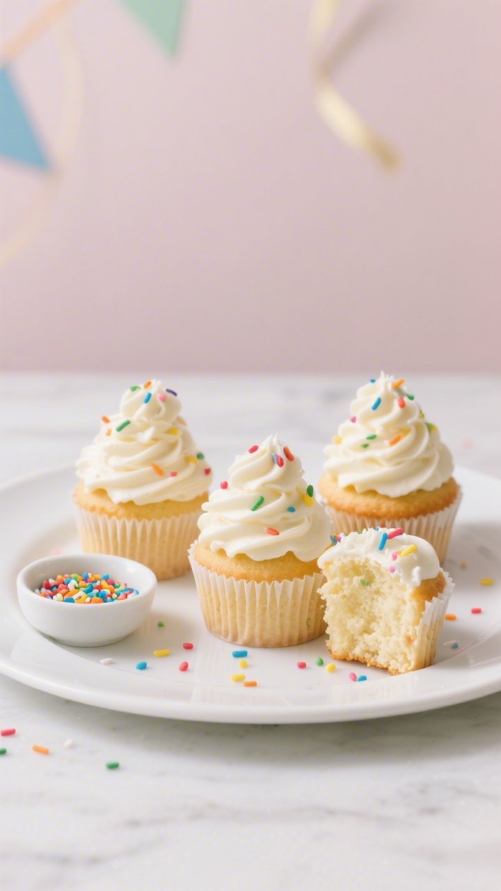 Final dish presentation: Three bakery-style vanilla birthday cupcakes plated on a matte white desser