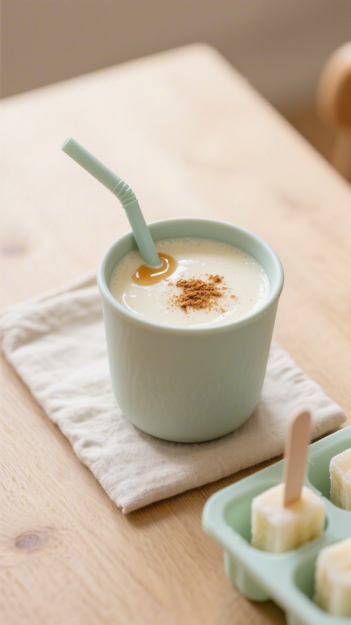 Final dish presentation: Toddler-friendly yogurt banana smoothie poured into a matte pastel straw cu