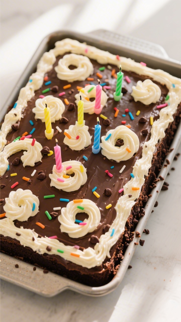 Final dish presentation: Top-down party-ready 9x13 chocolate sheet cake fully frosted in the pan wit