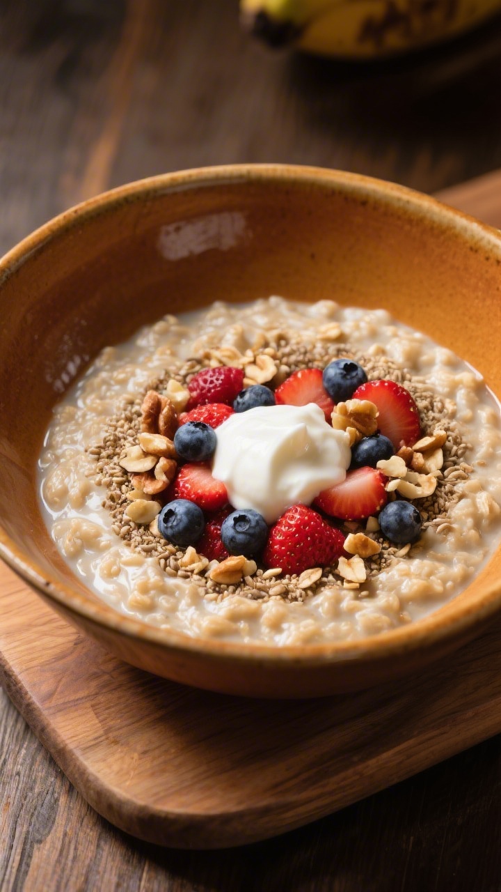 Final plated beauty shot: Lusciously creamy Banana Oatmeal Bowl finished with a dollop of whole-milk
