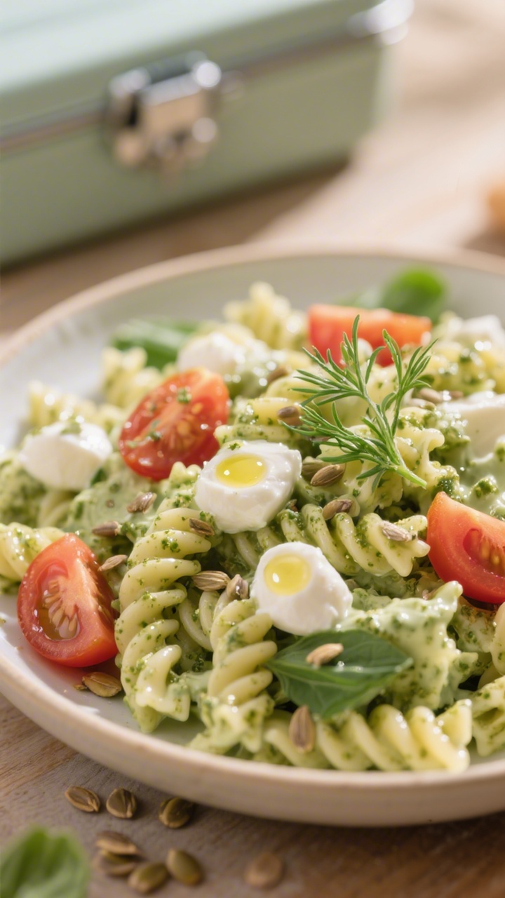 Final plated, close-up beauty: Creamy pesto-twist variation of the pasta salad plated in a kid-frien